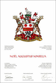 Letters patent granting heraldic emblems to Noël Augustus Kinsella Letters patent granting heraldic emblems to Noël Augustus Kinsella