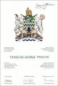 Lettres patentes concédant des emblèmes héraldiques à Douglas George Phillips Lettres patentes concédant des emblèmes héraldiques à Douglas George Phillips