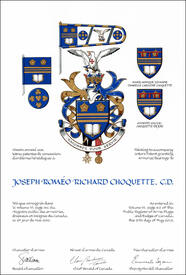 Letters patent granting heraldic emblems to Joseph Roméo Richard Choquette