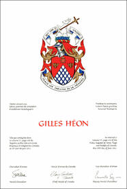 Letters patent granting heraldic emblems to Gilles Héon Letters patent granting heraldic emblems to Gilles Héon