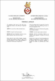 Letters patent registering the heraldic emblems of Thomas Ainslie Letters patent registering the heraldic emblems of Thomas Ainslie