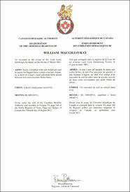 Lettres patentes enregistrant les emblèmes héraldiques de William Macgillivray
