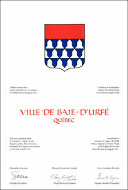 Letters patent granting heraldic emblems to the Ville de Baie d’Urfé