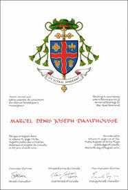 Letters patent granting heraldic emblems to Marcel Denis Joseph Damphousse Letters patent granting heraldic emblems to Marcel Denis Joseph Damphousse