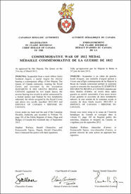 Lettres patentes enregistrant la Médaille commémorative de la guerre de 1812