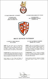 Letters patent confirming the Arms of Bruce Kenneth Patterson as Deputy Chief Herald of Canada Letters patent confirming the Arms of Bruce Kenneth Patterson as Deputy Chief Herald of Canada