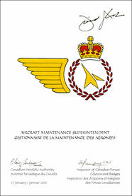 Letters patent approving the Badge of an Aircraft Maintenance Superintendent