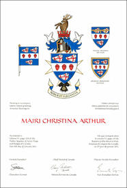 Letters patent granting heraldic emblems to Mairi Christina Arthur