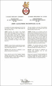 Lettres patentes enregistrant les emblèmes héraldiques de John Alexander Macdonald
