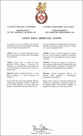 Lettres patentes enregistrant les emblèmes héraldiques de  Janet Edna Merivale Austin
