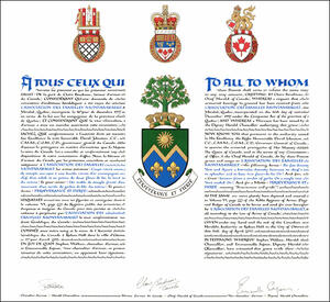 Letters patent granting heraldic emblems to L'Association des familles Montambault Letters patent granting heraldic emblems to L'Association des familles Montambault