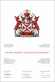 Letters patent granting heraldic emblems to Paladin Disability Tax Credit Solutions Inc.