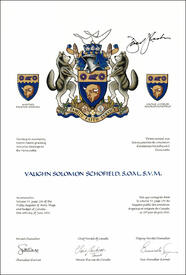Letters patent granting heraldic emblems to Vaughn Solomon Schofield