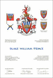 Letters patent granting heraldic emblems to Blake William Prince