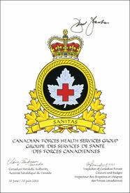 Lettres patentes approuvant l'insigne du Groupe des services de santé des Forces canadiennes
