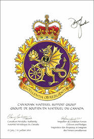 Letters patent approving the Badge of the Canadian Materiel Support Group