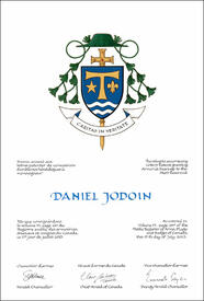 Letters patent granting heraldic emblems to Daniel Jodoin Letters patent granting heraldic emblems to Daniel Jodoin
