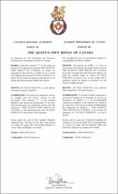 Letters patent approving the heraldic emblems of The Queen's Own Rifles of Canada Letters patent approving the heraldic emblems of The Queen's Own Rifles of Canada
