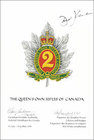 Letters patent approving the heraldic emblems of The Queen's Own Rifles of Canada Letters patent approving the heraldic emblems of The Queen's Own Rifles of Canada