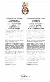 Lettres patentes confirmant le blason de l'insigne du Groupe de soutien opérationnel interarmées des Forces canadiennes Lettres patentes confirmant le blason de l'insigne du Groupe de soutien opérationnel interarmées des Forces canadiennes