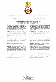 Letters patent confirming the heraldic emblems of the Association des Bourgeois de descendance acadienne Letters patent confirming the heraldic emblems of the Association des Bourgeois de descendance acadienne