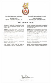 Lettres patentes enregistrant les emblèmes héraldiques de John George Adami