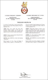 Letters patent registering the heraldic emblems of William Osler
