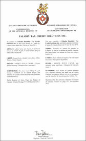 Lettres patentes confirmant les emblèmes héraldiques de Paladin Tax Credit Solutions Inc.