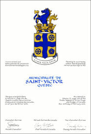 Letters patent granting heraldic emblems to the Municipalité de Saint-Victor