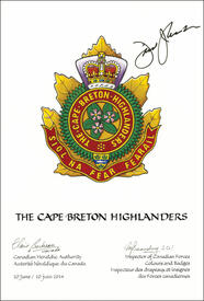 Letters patent approving the Badge of The Cape Breton Highlanders Letters patent approving the Badge of The Cape Breton Highlanders