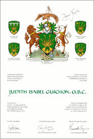 Lettres patentes concédant des emblèmes héraldiques à  Judith Isabel Guichon