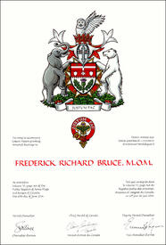 Letters patent granting heraldic emblems to Frederick Richard Bruce