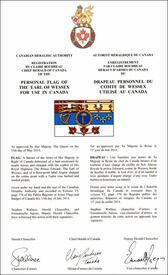 Lettres patentes enregistrant le drapeau personnel du comte de Wessex utilisé au Canada