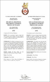 Lettres patentes enregistrant les emblèmes héraldiques du prince Charles, prince de Galles