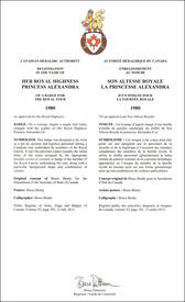 Letters patent registering the heraldic emblems of Princess Alexandra