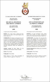 Lettres patentes enregistrant les emblèmes héraldiques du prince Andrew