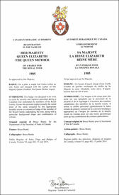 Lettres patentes enregistrant les emblèmes héraldiques de la reine Elizabeth, reine mère