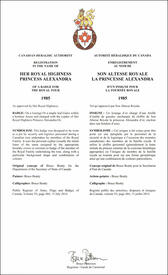 Letters patent registering the heraldic emblems of Princess Alexandra Letters patent registering the heraldic emblems of Princess Alexandra