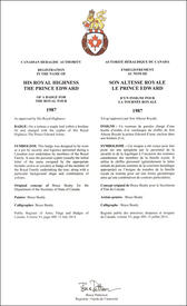 Letters patent registering the heraldic emblems of Prince Edward