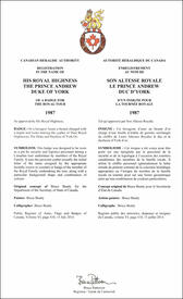 Letters patent registering the heraldic emblems of Prince Andrew, Duke of York