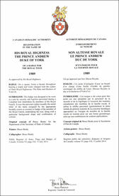 Letters patent registering the heraldic emblems of Prince Andrew, Duke of York
