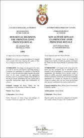 Letters patent registering the heraldic emblems of Princess Anne, Princess Royal