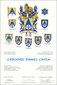 Letters patent granting heraldic emblems to Grégoire Daniel Cayen
