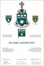 Letters patent granting heraldic emblems to Elaine Astrid Nye