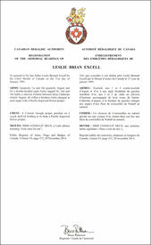 Letters patent registering the heraldic emblems of Leslie Brian Excell Letters patent registering the heraldic emblems of Leslie Brian Excell