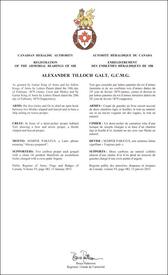 Letters patent registering the heraldic emblems of Alexander Tilloch Galt