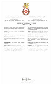 Letters patent registering the heraldic emblems of Arthur William Currie Letters patent registering the heraldic emblems of Arthur William Currie