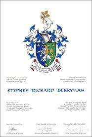 Lettres patentes concédant des emblèmes héraldiques à Stephen Richard Berryman