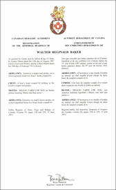 Lettres patentes enregistrant les emblèmes héraldiques de Walter Reginald Baker
