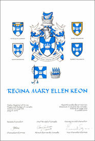 Letters patent granting heraldic emblems to Regina Mary Ellen Keon
